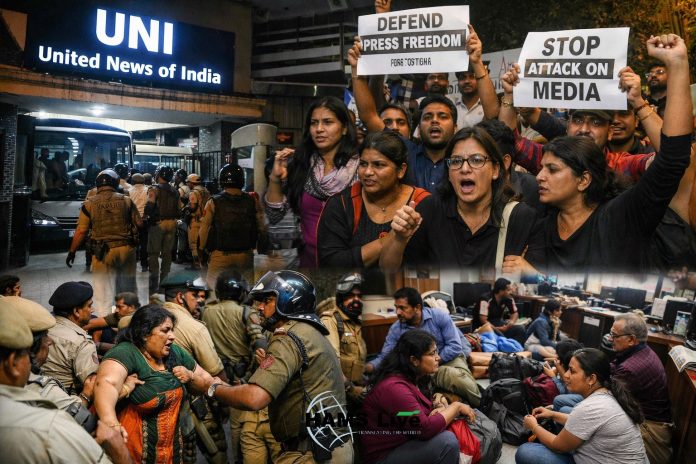 united-news-of-india-delhi-office-sealing-journalists-protest-police-action-india